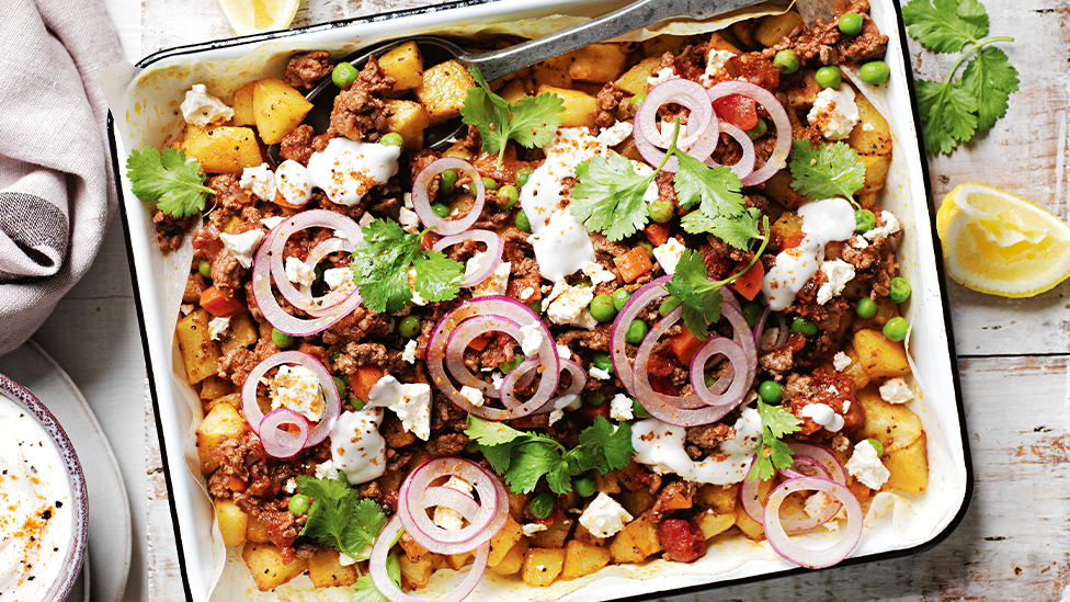 Potato, beef and fetta tray bake