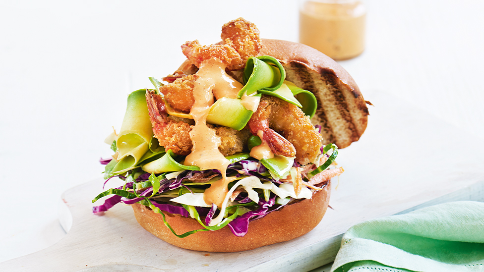 Prawn, avocado and coleslaw burgers