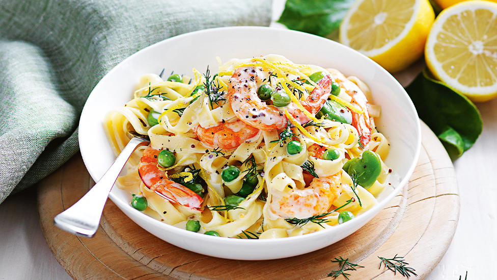 Prawn, lemon and broad bean fettuccine