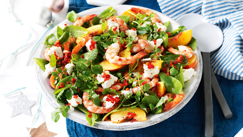 Prawn, peach and goat's cheese salad