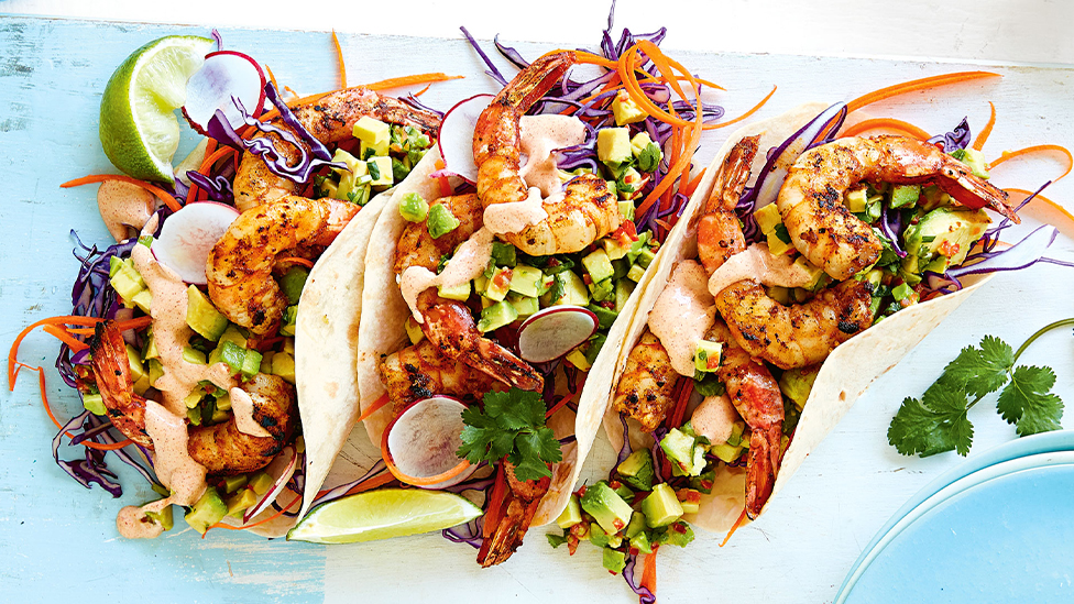 Prawn tacos with lime-avocado salsa