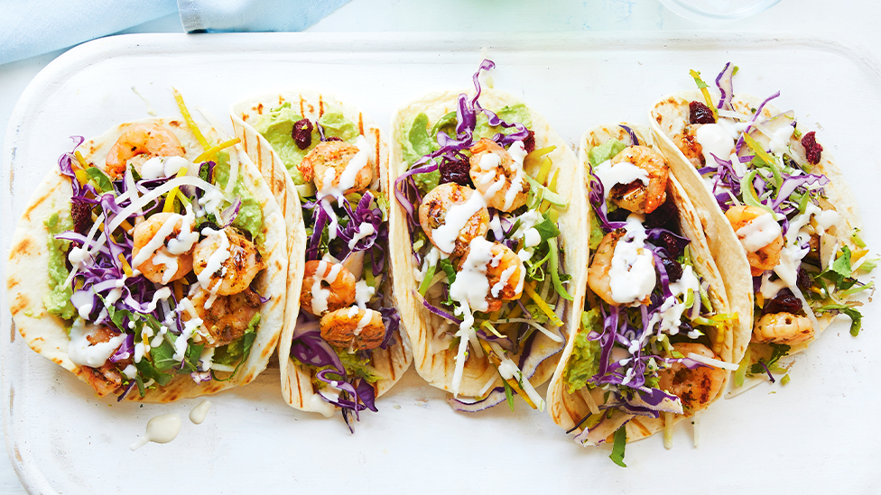 Prawn tacos with salsa roja