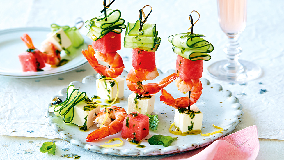 Prawn, watermelon and fetta skewers with mint oil