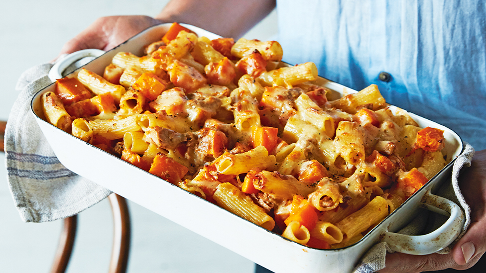 Pumpkin and tuna pasta bake