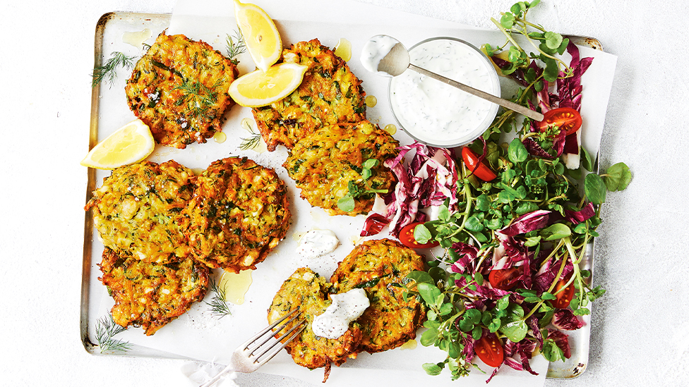 Pumpkin, fetta and spinach fritters with dill yoghurt