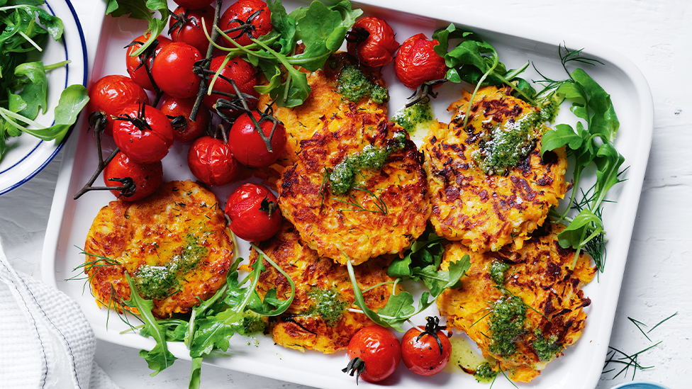 Pumpkin fritters with roasted tomatoes