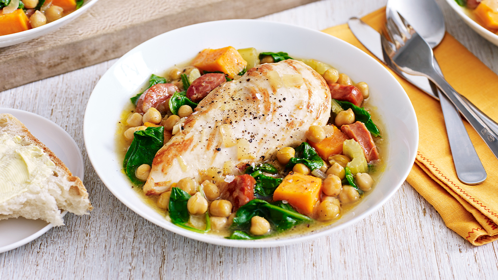 Quick chicken, chorizo and chickpea braise