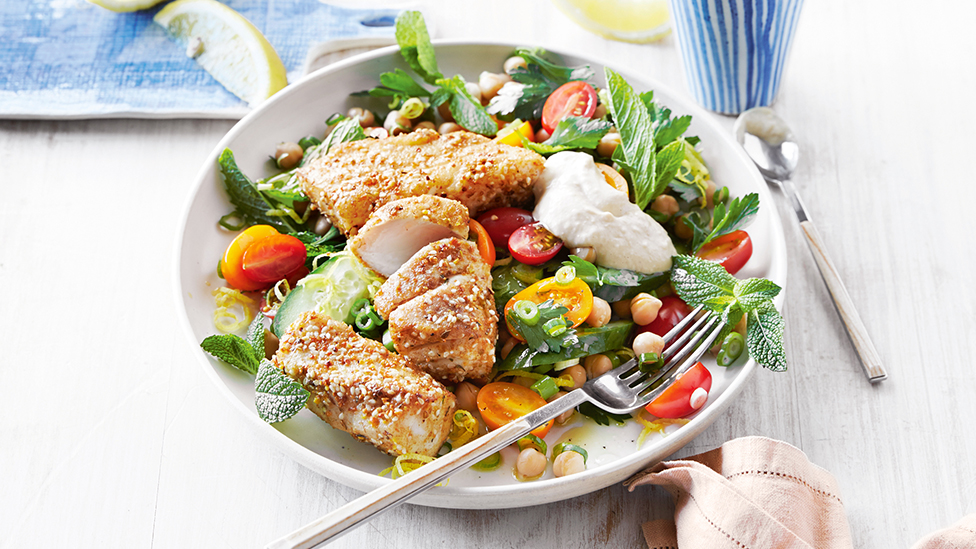 Quick crusted fish with chickpea tabouli