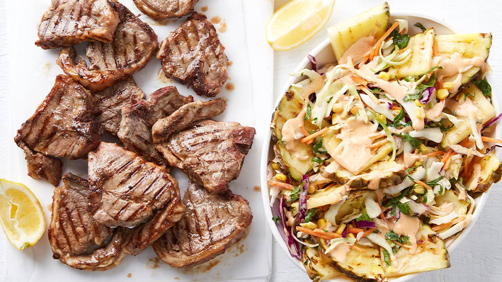Quick garlic lamb with chargrilled pineapple slaw