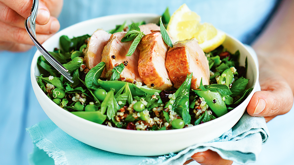 Quinoa, pea and cranberry salad with maple pork