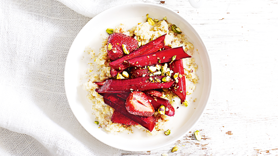 Quinoa porridge with roasted rhubarb and strawberries