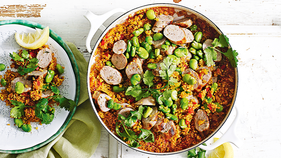 Quinoa, sausage and broad bean paella