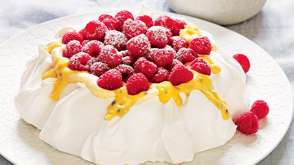 Raspberry and passionfruit pavlova