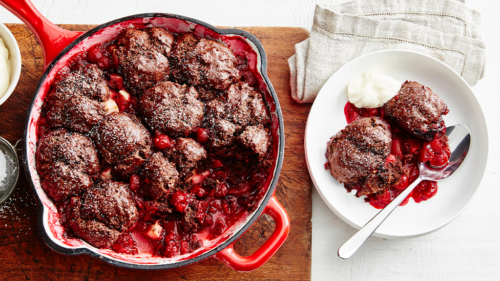 Raspberry, apple and chocolate cobbler