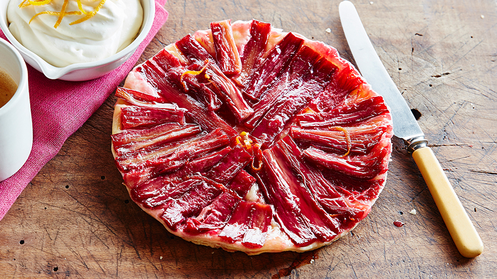 Rhubarb tarte tatin with orange cream