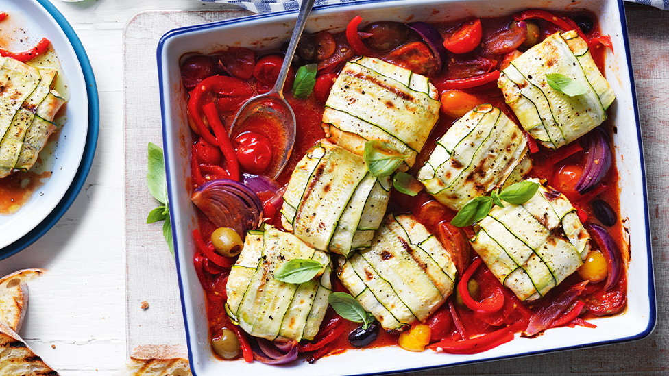 Ricotta zucchini parcels with roasted tomato sauce