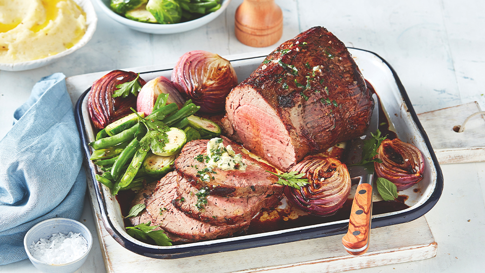 Roast beef with herb and garlic butter