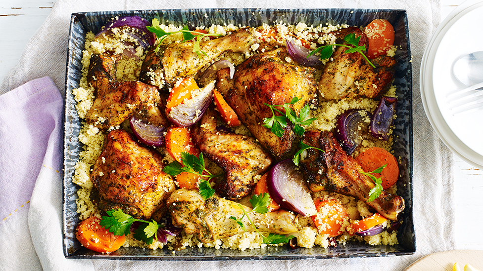 Roast herb chicken in couscous