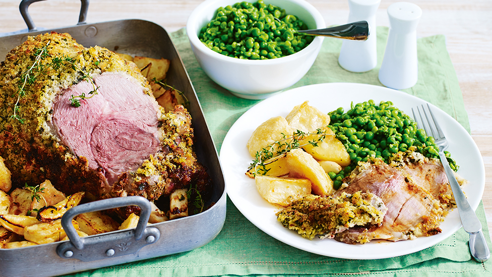 Roast lamb with garlic, mint and lemon crust