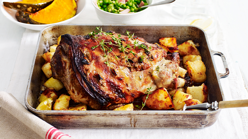 Roast lamb with honey, mustard and thyme glaze