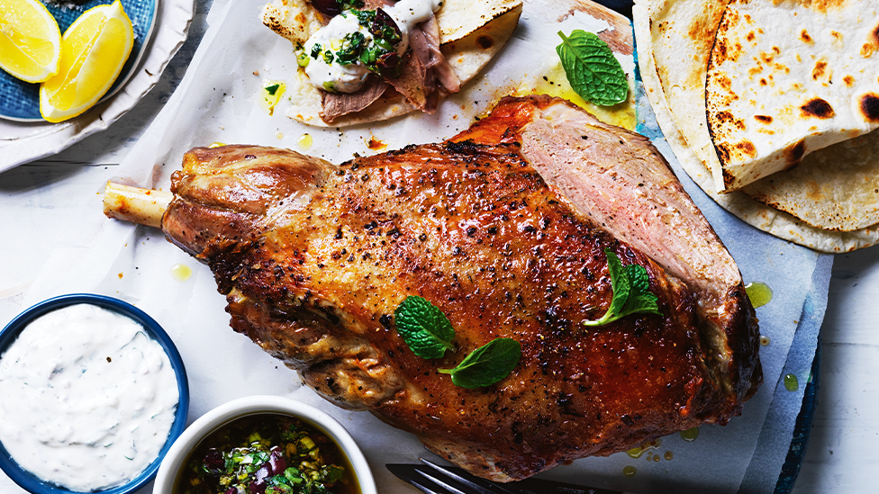 Roast lamb with olive salsa verde and yoghurt sauce