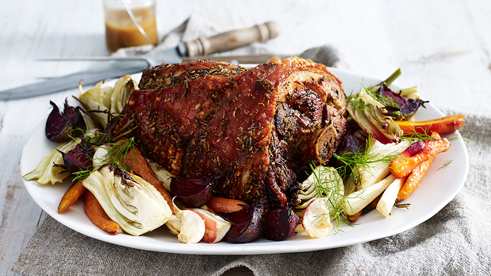 Roast leg of pork with fennel and rosemary salt