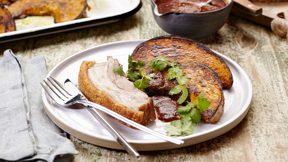 Roast pork belly adobo and Kent pumpkin