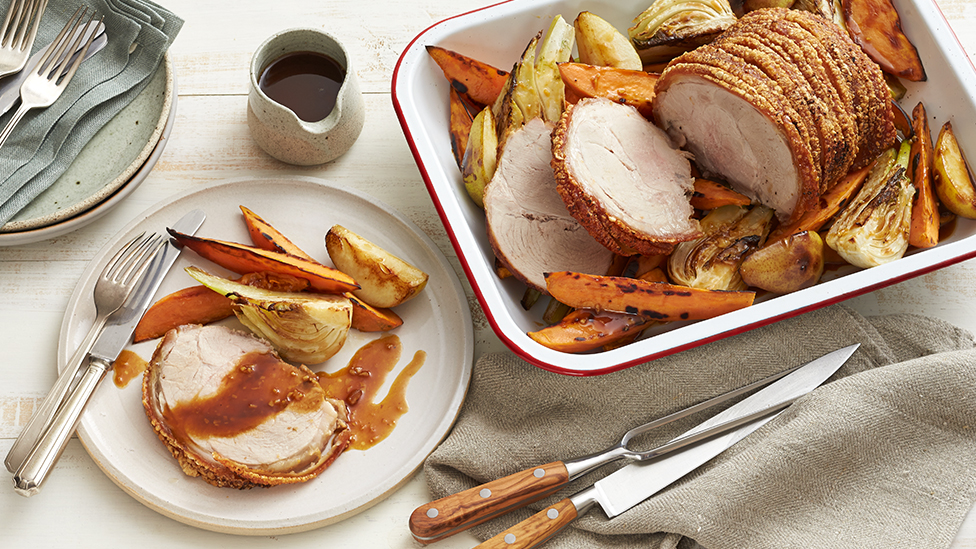 Roast pork with maple and Dijon roasted vegetables