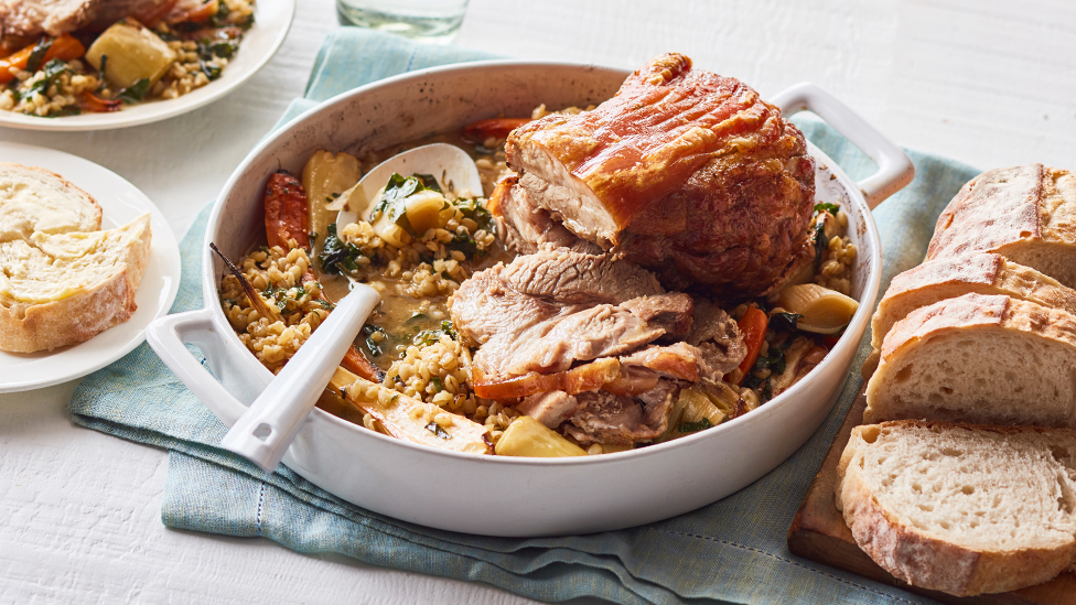 Roast pork with winter vegetables and barley