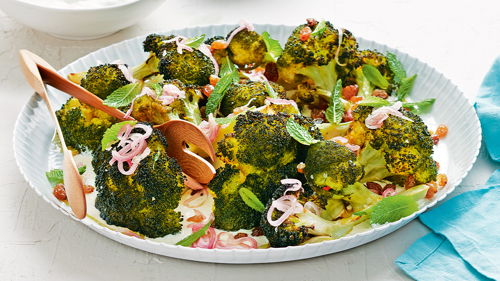 Roasted broccoli with yoghurt and sultanas