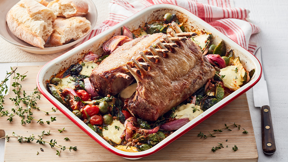 Roasted lamb with lentils and olives