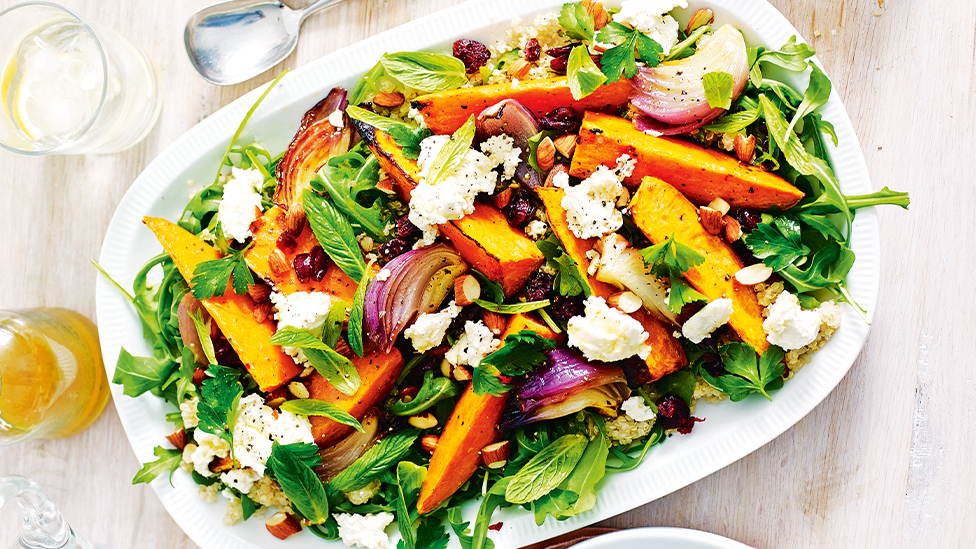 Roasted sweet potato, quinoa and fetta salad with orange dressing