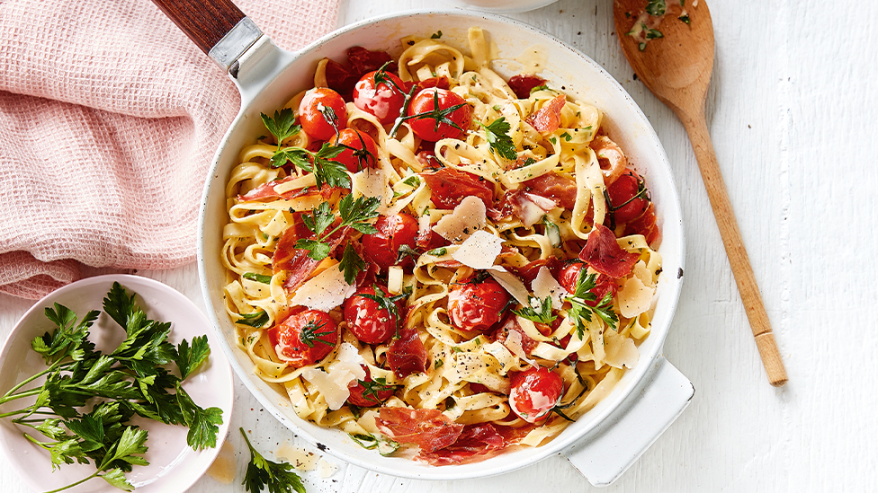 Roasted tomato fettuccine carbonara