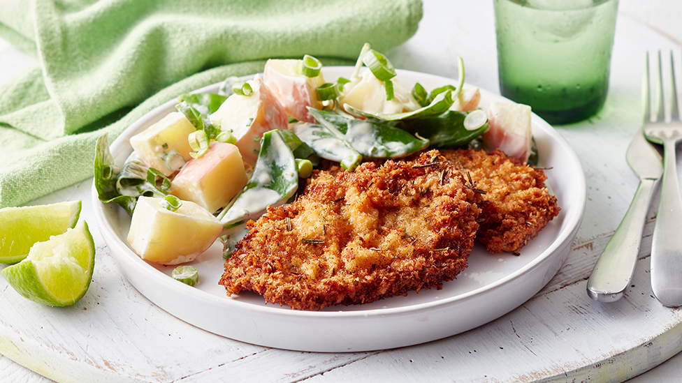 Rosemary Beef Schnitzels with Snow Pea and Potato Salad Recipe Coles