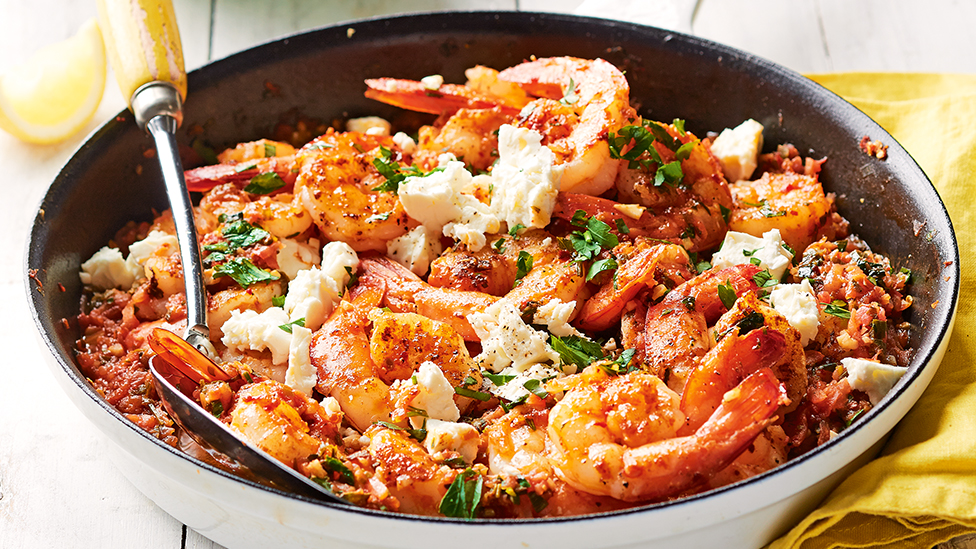 Saganaki-style barbecue prawns