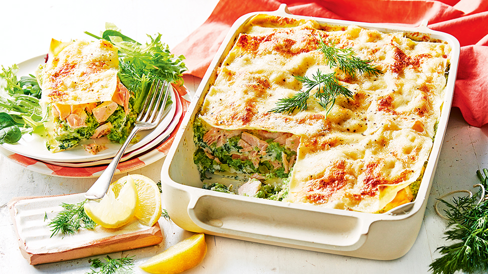 Salmon and pea lasagne