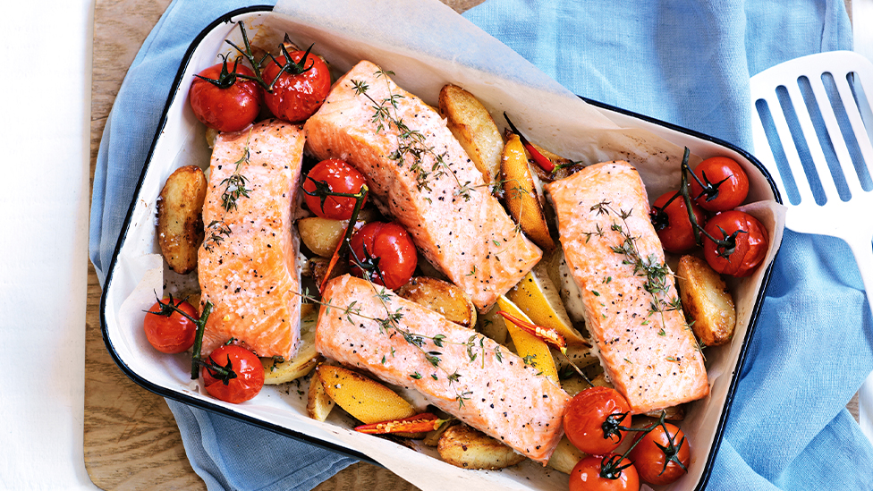 Salmon and potato tray bake