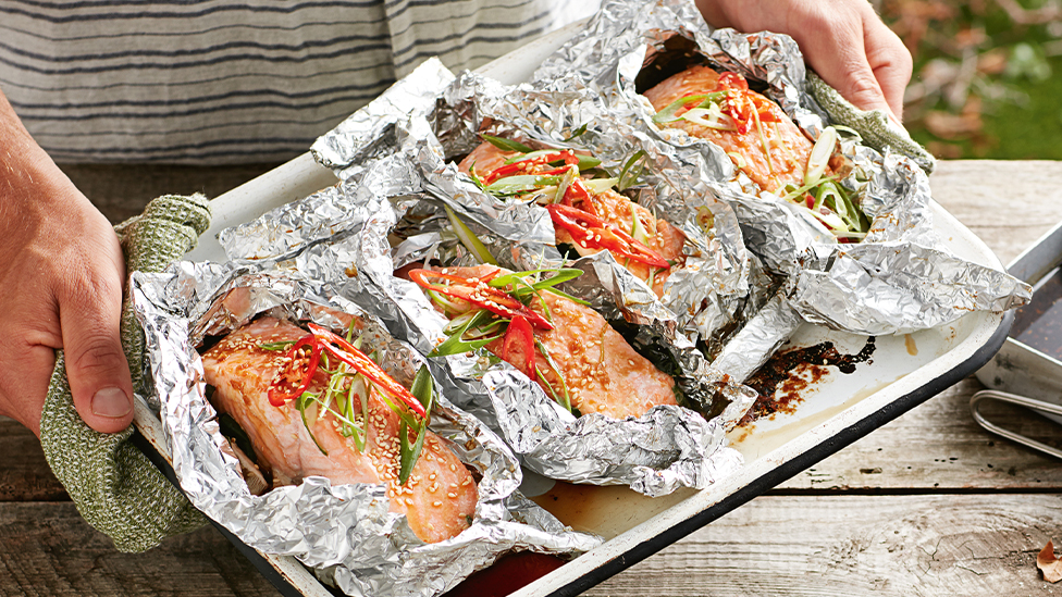 Salmon parcels with silverbeet and mushrooms