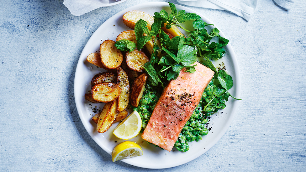 Salmon with salt and vinegar roast potatoes