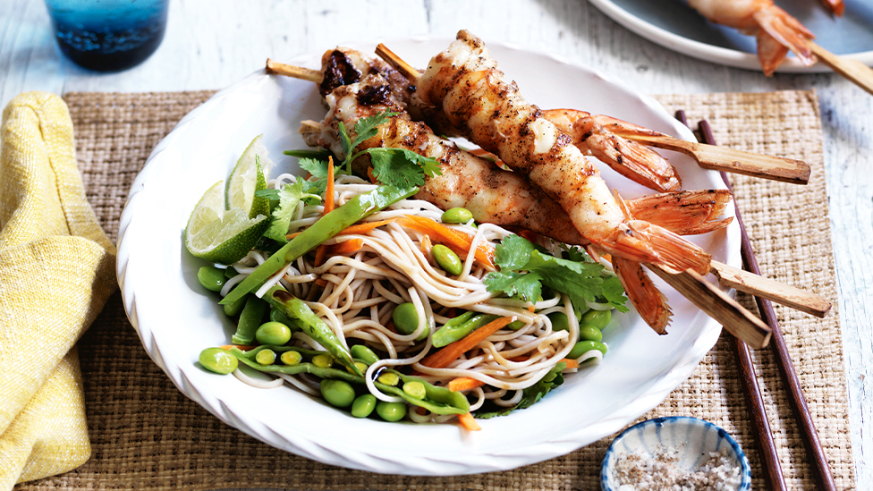 Salt and pepper prawns on soba noodle salad