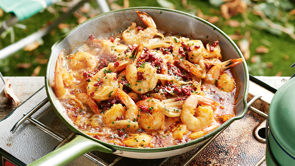 Saucy Spanish prawns with chorizo