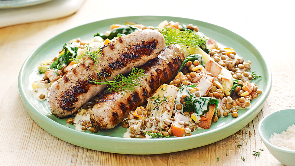 Sausages with Creamy Lentils & Bacon Recipe Coles