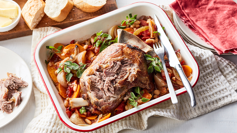 Slow-roasted lamb with beans