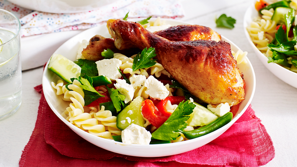 Smoked paprika and honey chicken drumstricks with pasta salad