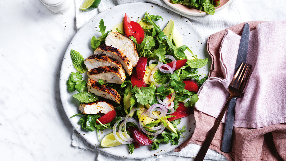 Southern-spiced chicken with plum salad