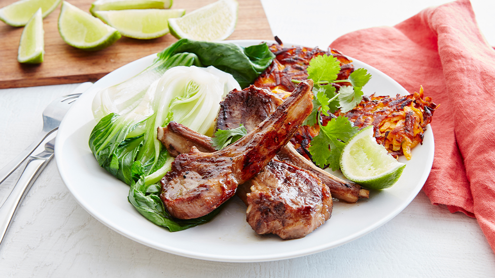 Soy and maple-glazed lamb with sweet potato rosti