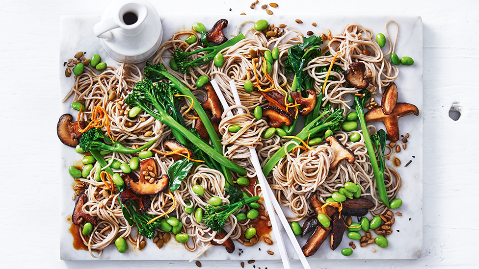 Soy-glazed mushroom and soba noodle salad