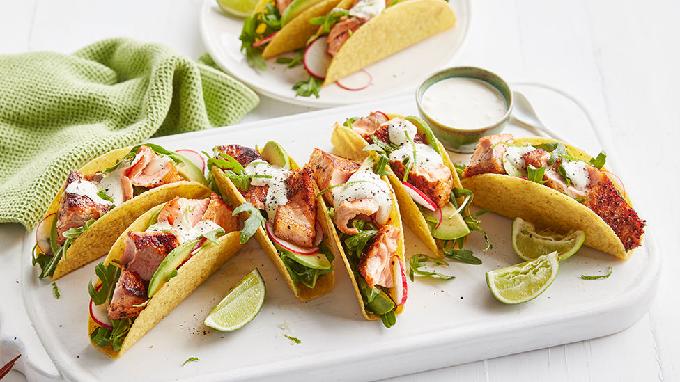Speedy salmon tacos with lime cream
