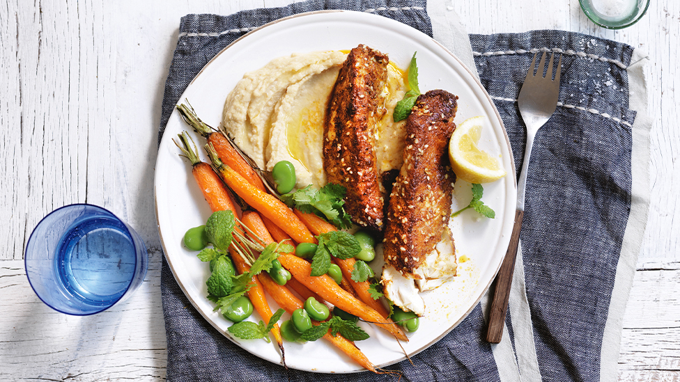 Spice-crusted flathead with roast carrot salad