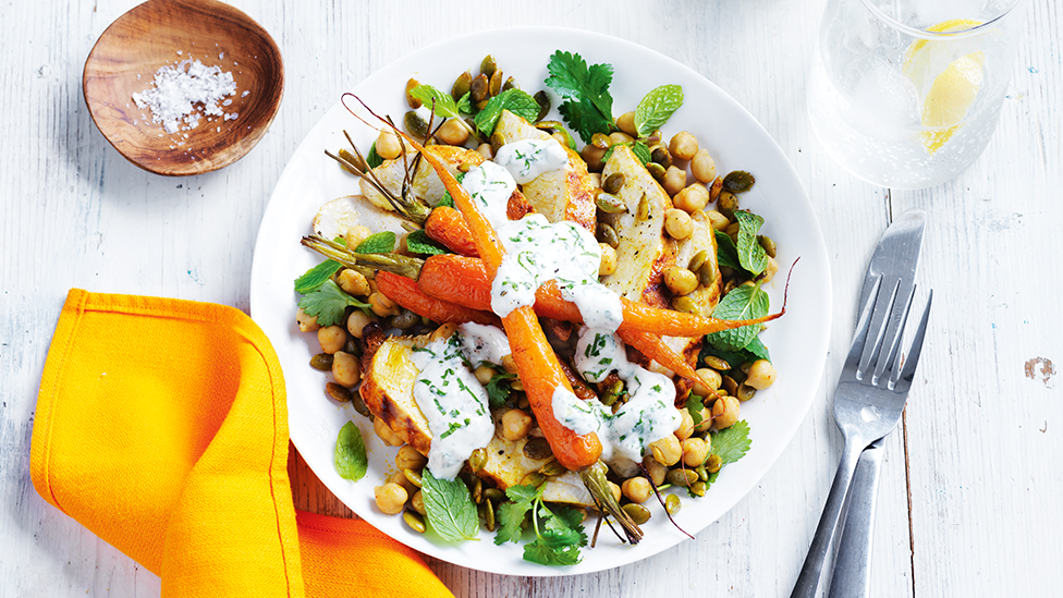 Spiced chicken, roasted carrot and chickpea salad